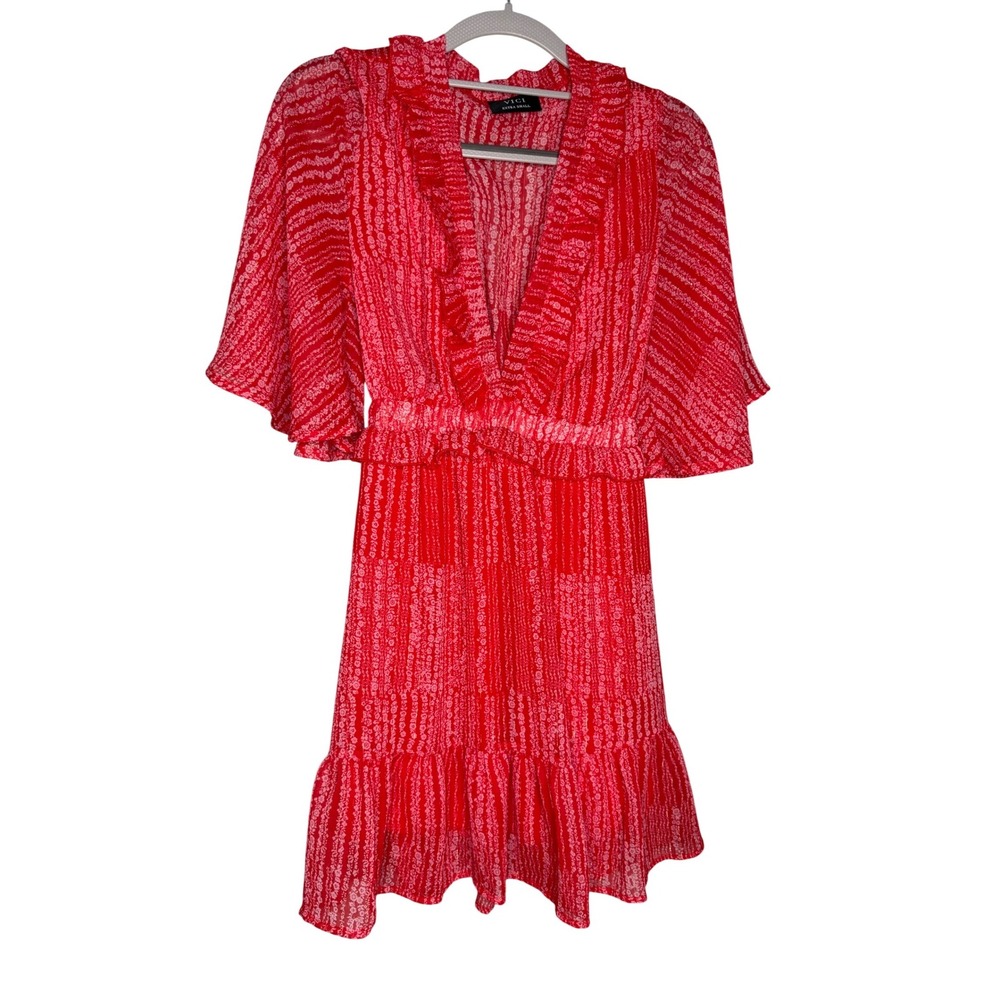 Vici Woman's Red & White Sheer Vneck Floral Bohemian Mini Dress paty dress